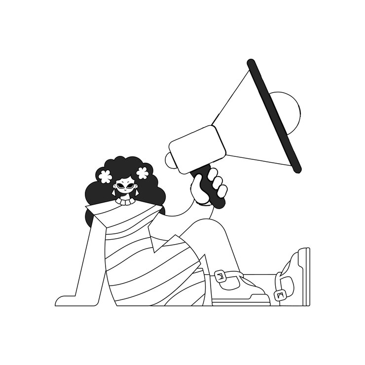 Vector expert hr specialist woman holding a megaphone in her hands hr topic newspaper black and white style