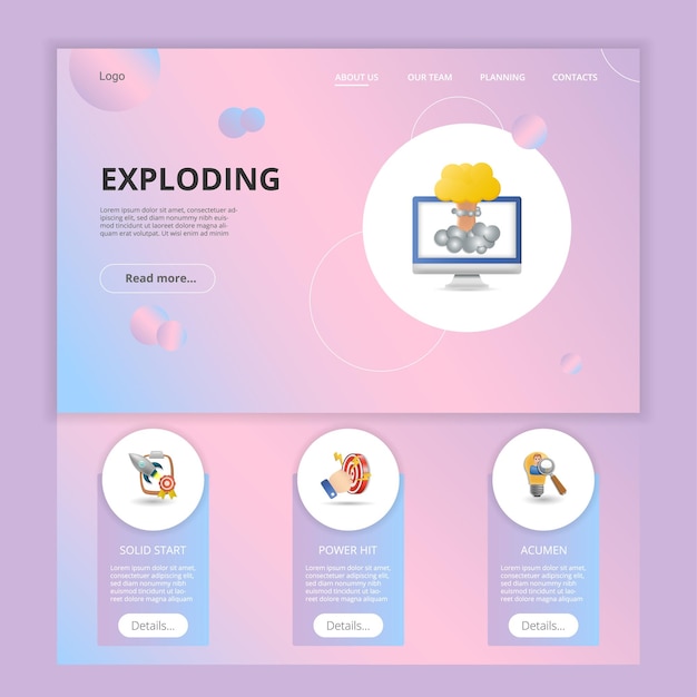 Exploding flat landing page website template solid start