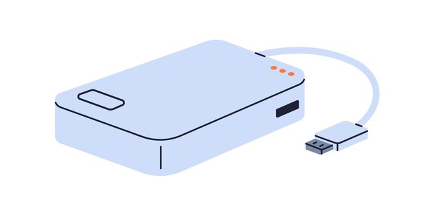 External hard drive for data storage and information backup Portable device with USB cable for connection Power bank charger device supply Flat vector illustration isolated on white background