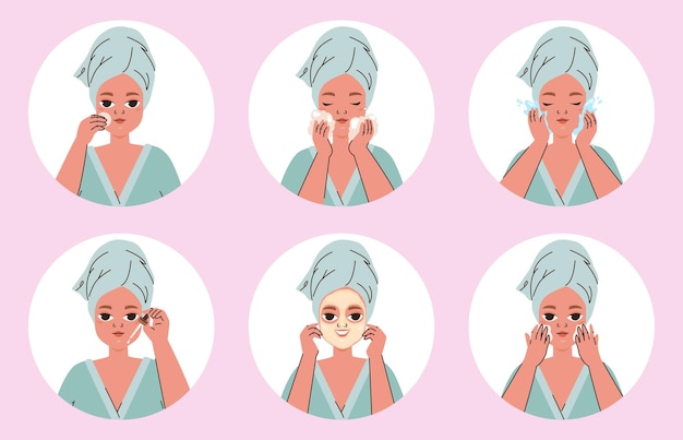 Face clean routine beauty morning evening procedures with cosmetics products Cleaning skin instruction young woman skincare snugly vector scene