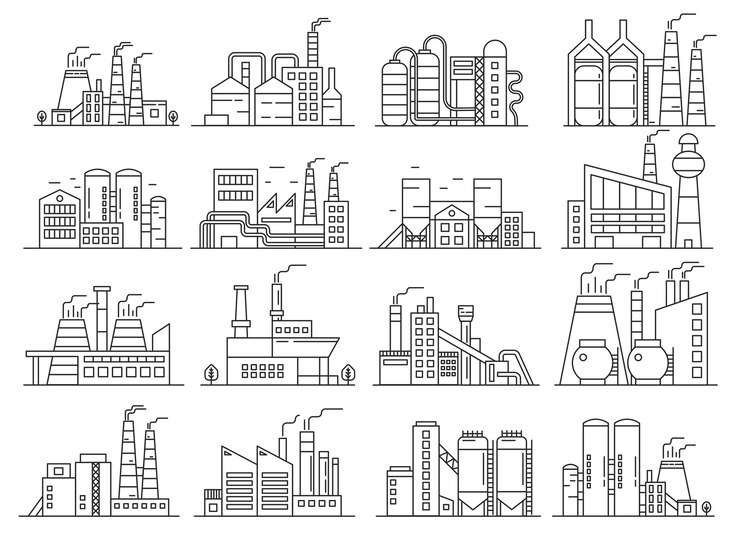 Vector factory building line style set. indistrial construction and commercial architecture outline stroke set.