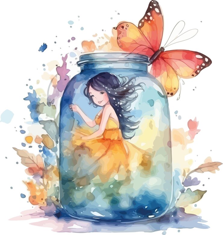 Fairy Cute Girl in a Jar Illustration Vector Watercolor Clipart