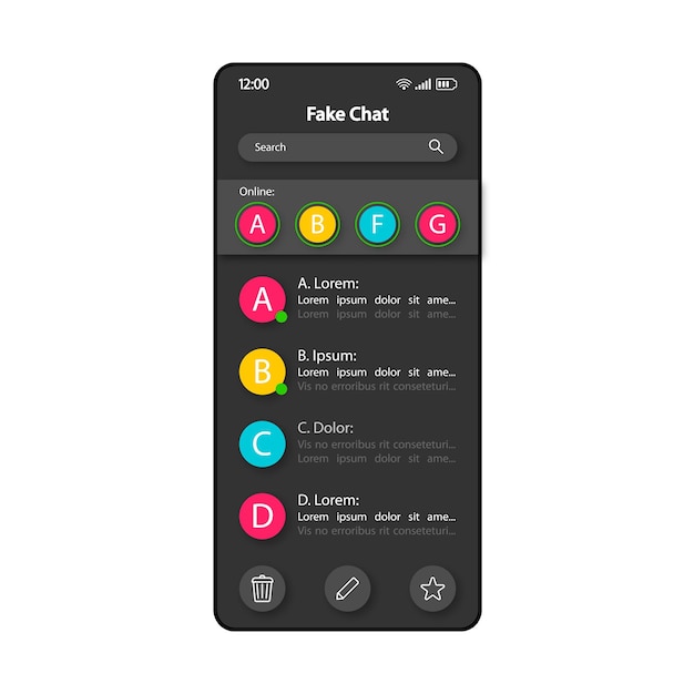 Fake chat builder smartphone interface vector template Mobile app page color design layout False conversation maker screen Flat UI for application Fake account messages phone display