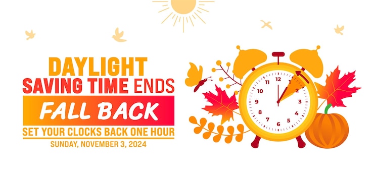 Vector fall back daylight saving time ends 2024 background or banner design template fall back time 2024
