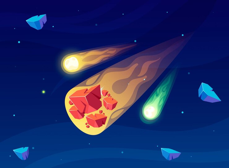 Vector falling meteorite streaks across the night sky a fiery spectacle of nature power and cosmic wonder leaving a trail of awe in its wake cartoon vector illustration for kids game or book
