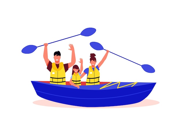 Family active holidays composition with characters of family members sitting in boat holding sculls