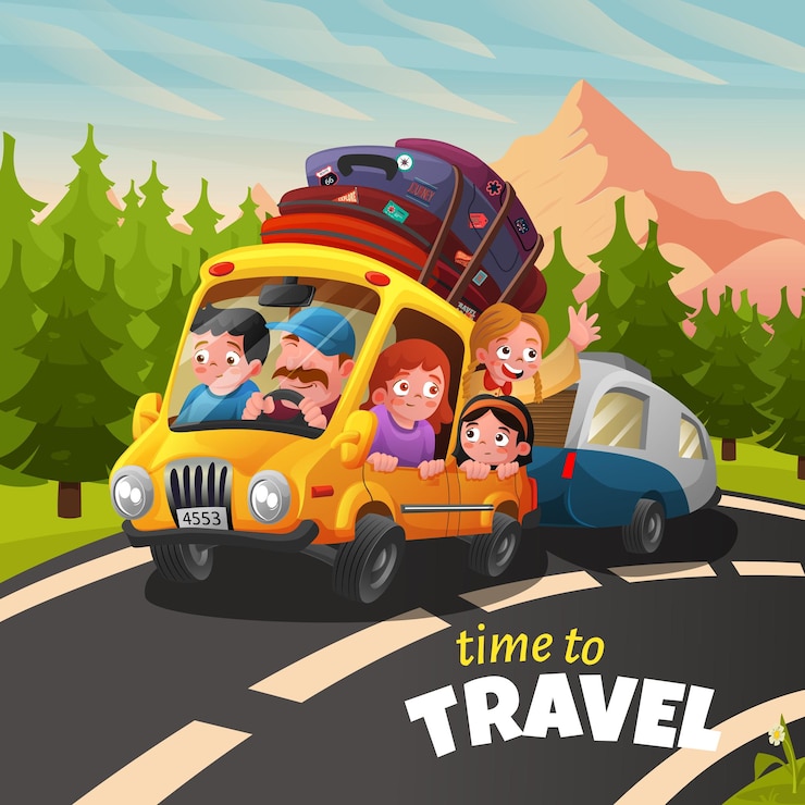 Vector family and friends travel by car to nature in summer vector illustration