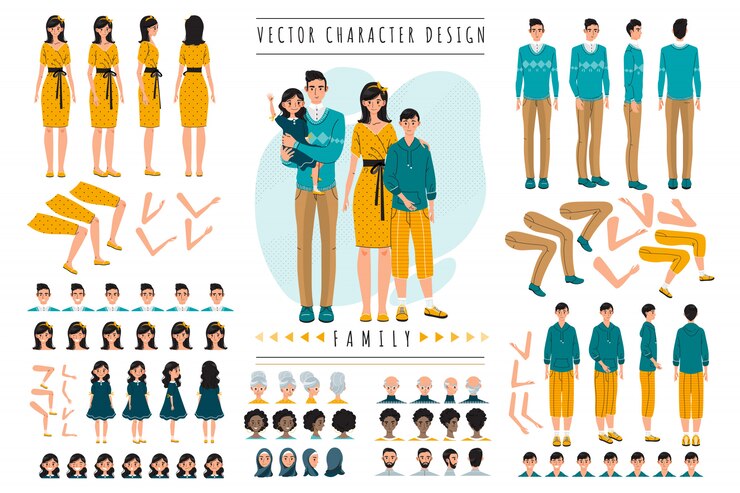 Vector family cartoon characters constructor set vector illustration