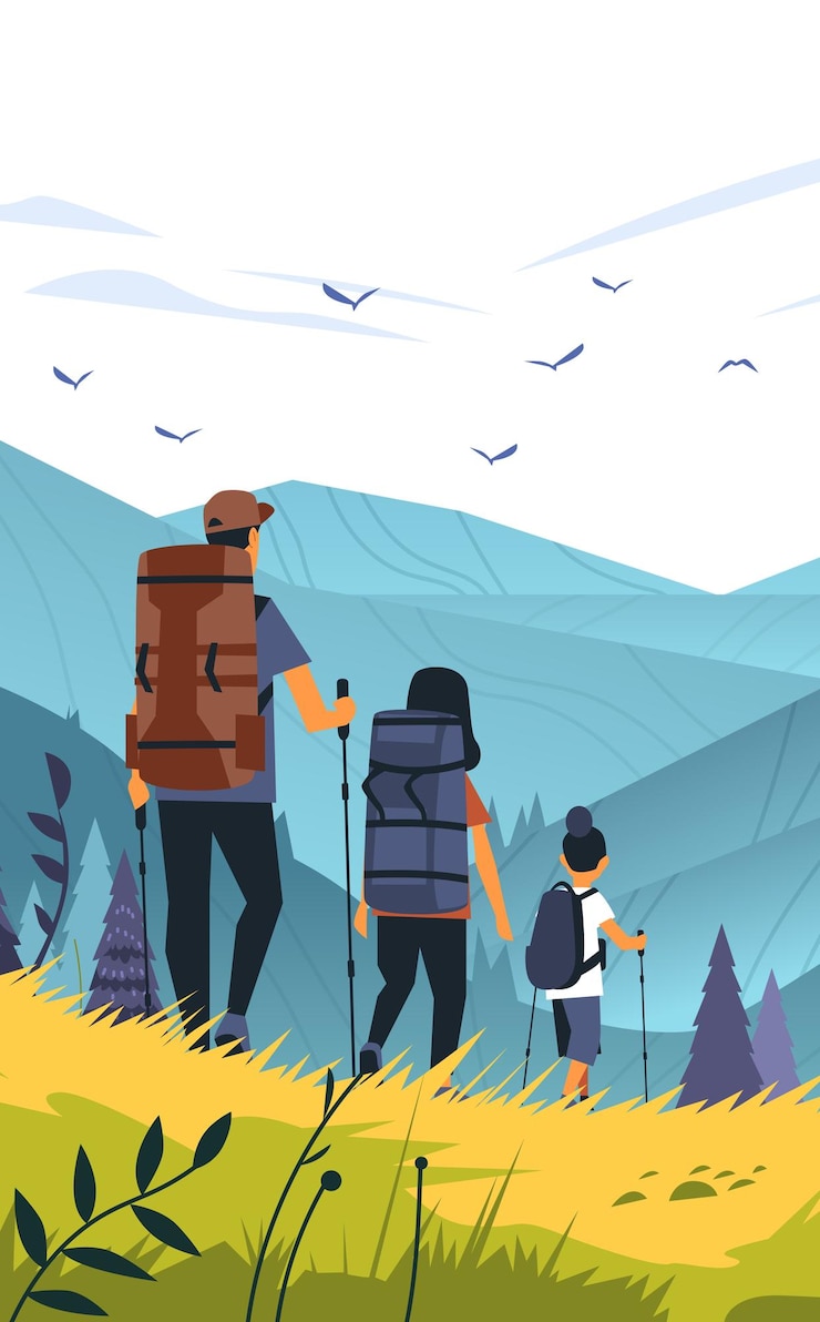 Vector family hiking mountain landscape outdoor adventure illustration depicts a family of three hiking in scenic mountains with backpacks and trekking poles vibrant colors nature