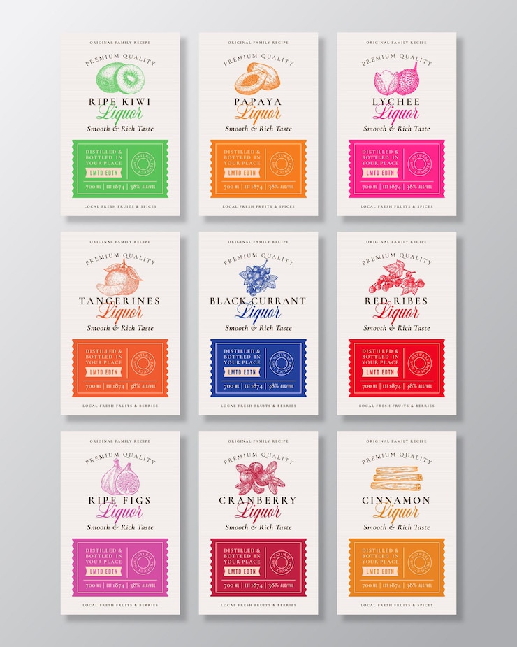 Vector family recipe exotic fruits berries and spices liquor acohol labels collection abstract vector packa...