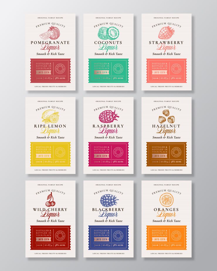 Vector family recipe fruit, berries and nuts liquor acohol labels collection.
