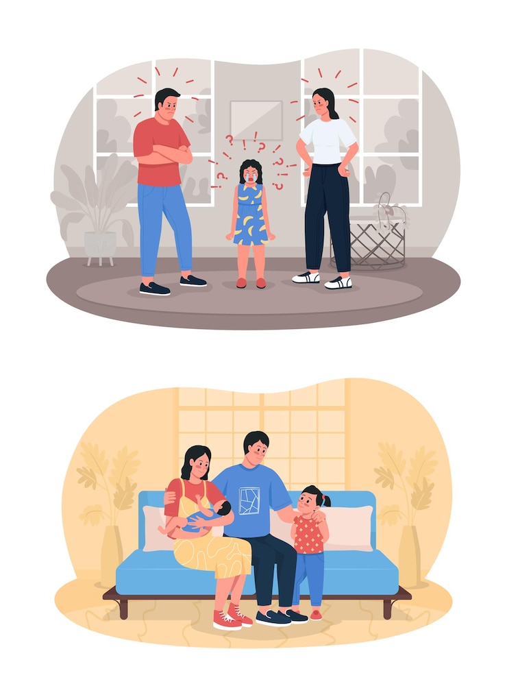 Vector family relationships 2d vector isolated illustration set. father, mother and kids. parents with children flat characters on cartoon background. argue and resolve conflict colourful scene collection