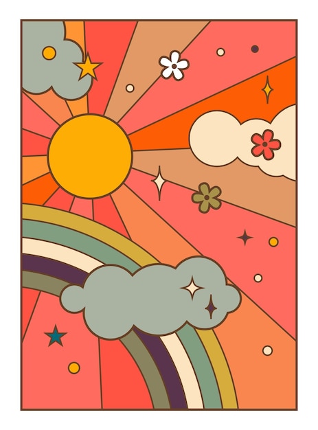 Fantasy sky with sun and rays rainbow and clouds