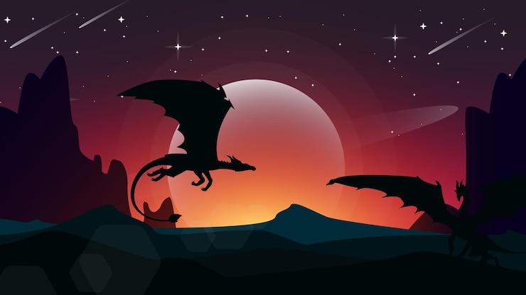 Vector fantasy wallpaper with mythological animal. flying dragon illustration. fantasy sunset walpaper.