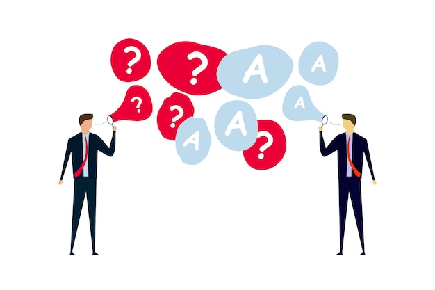 faq frequently asked questions smart businessman and businesswoman blow flying bubbles with q and a question mark sign