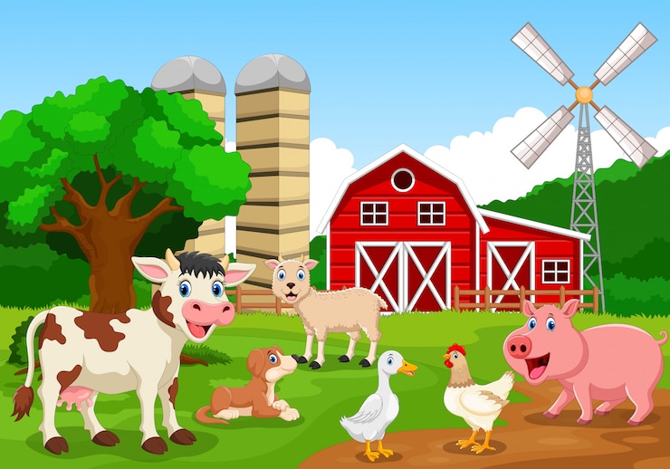 Vector farm with animals, cartoon illustration