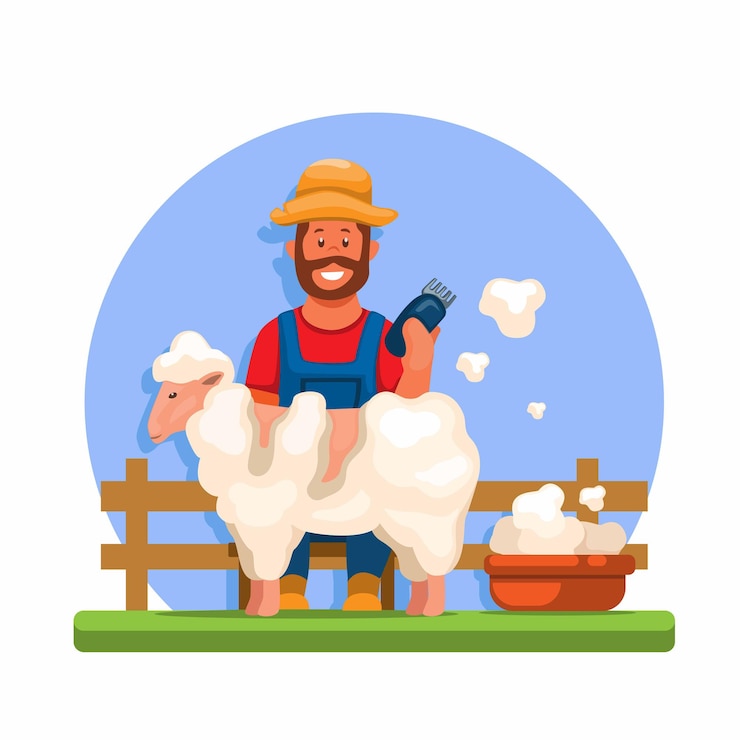 Vector farmer shave sheep sheep shearing cartoon illustration vector