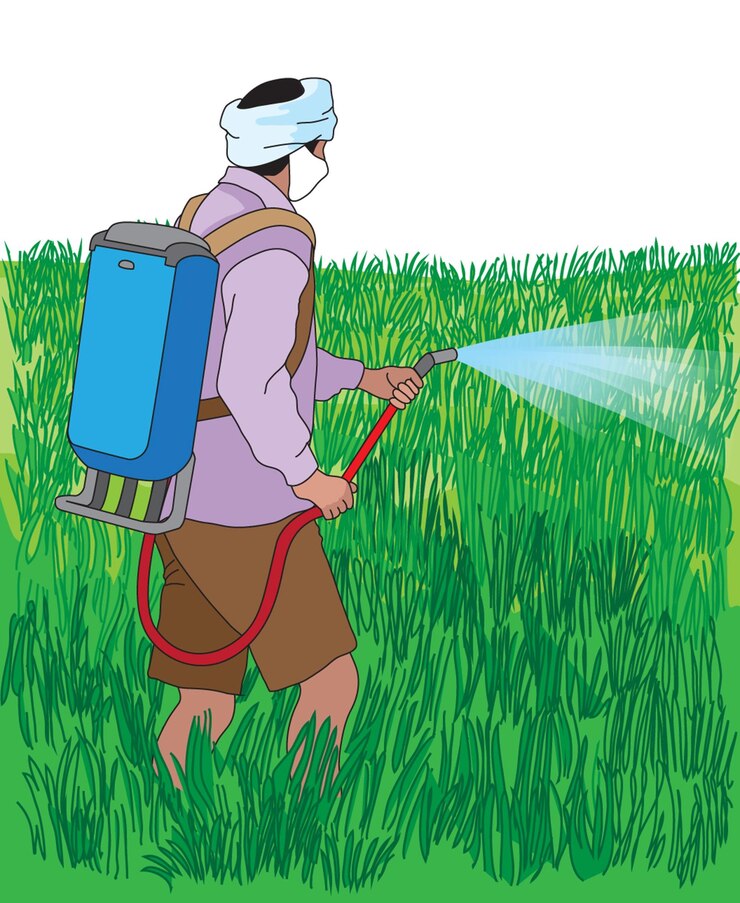 Vector farmer spraying insectide in the field from his spray tank