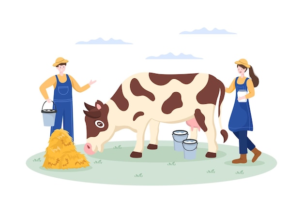 farmers are milking cows to produce or obtain milk with views of meadows or on farms in illustration