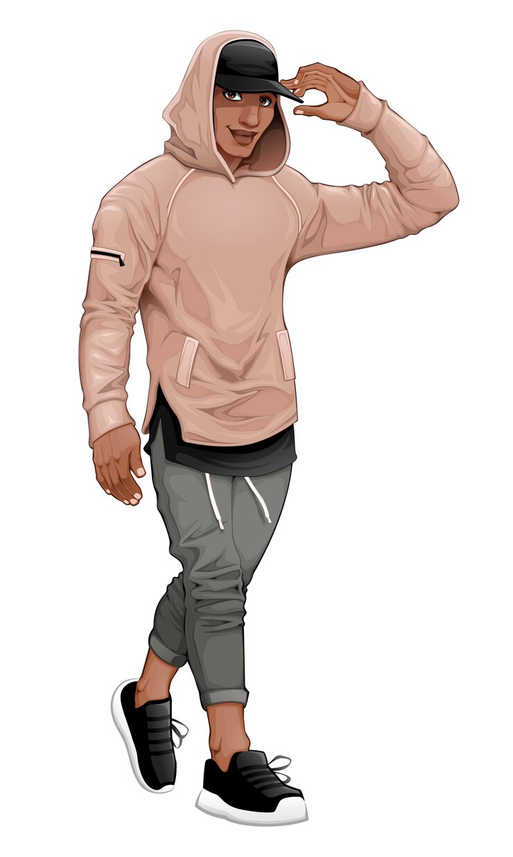 Vector fashion boy posing walking and touching his visor