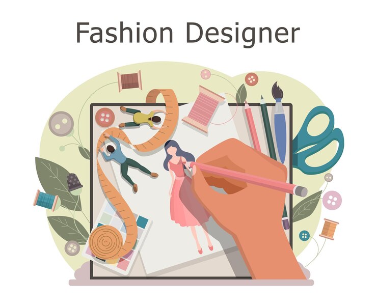 Vector fashion designer makes a sketch of clothes. designing new collection in sewing studio. clothing design concept. creative atelier profession