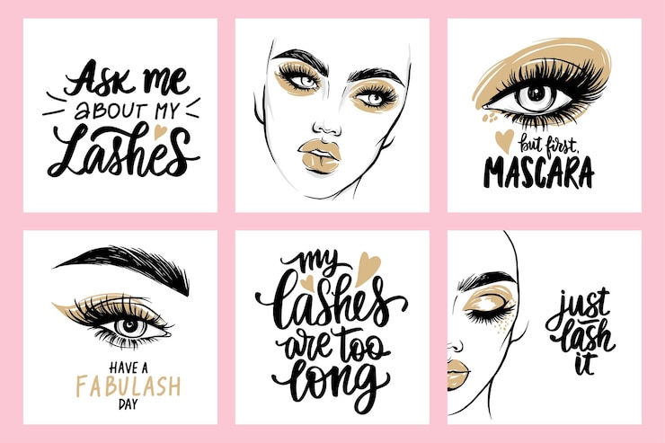 Vector fashion  female portraits, quotes about lashes and mascara. woman with long eyelashes.