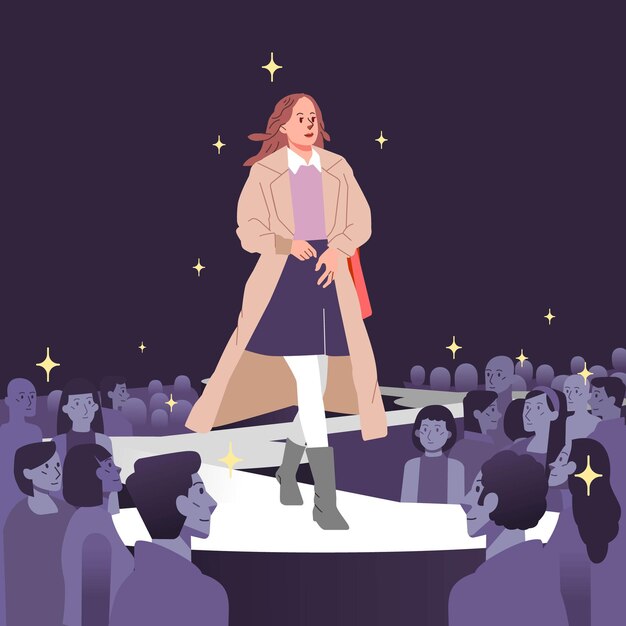fashion models showing new outfit trendy modern stylish girl on catwalk audience crowd watching