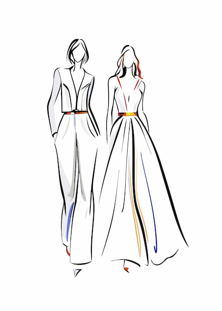 Fashion women line art vector on white background