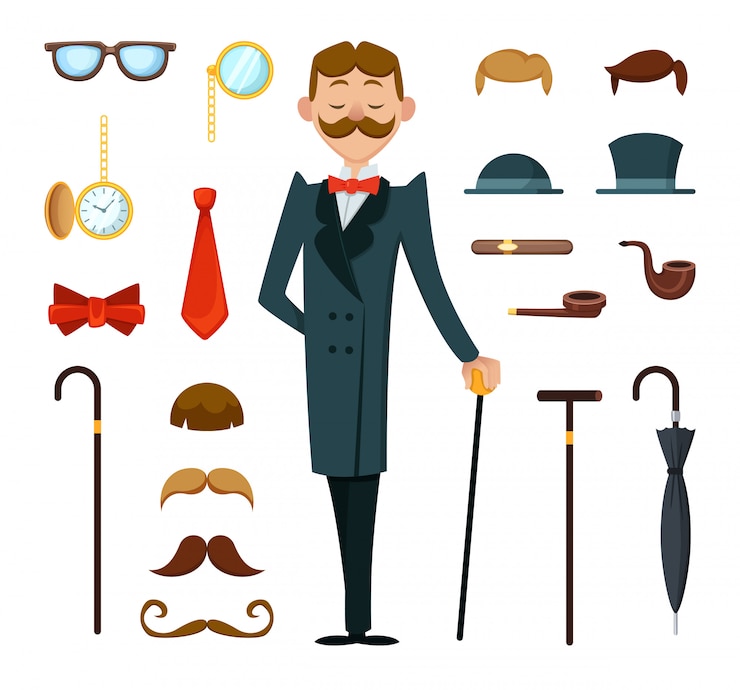 Vector fashioned retro gentleman with different accessories of victorian style
