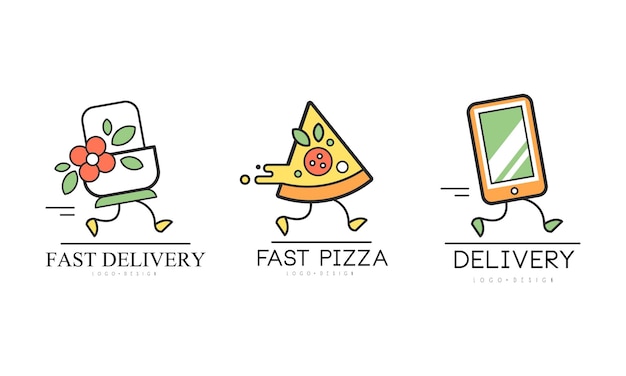 Fast Delivery Service Logo Design Set Pizza Flower Electronics Delivery Cartoon Vector Illustration