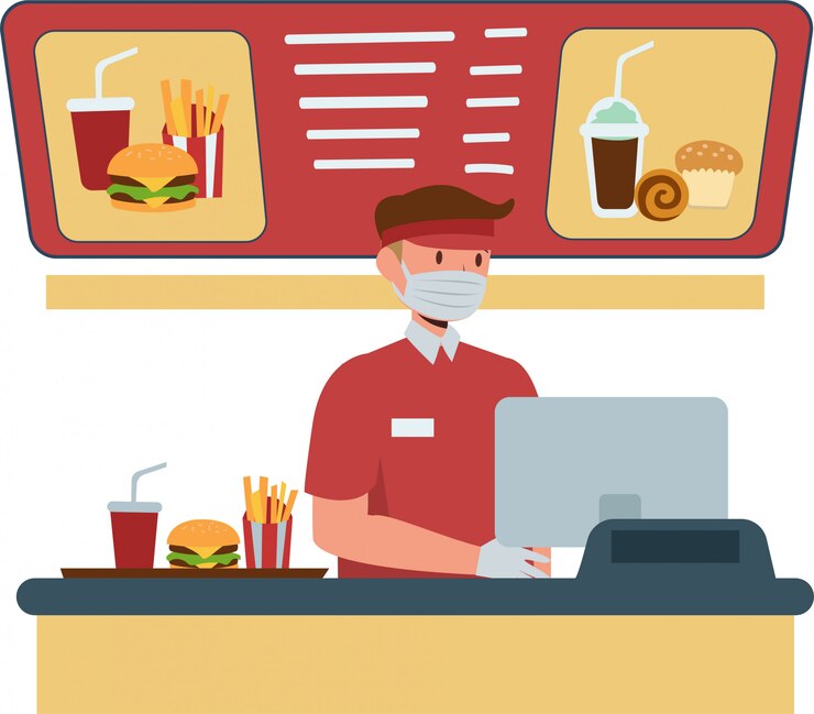 Vector fast food cashier keep using medical mask while working on fast food cashier