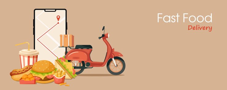 Fast food delivery concept with scooter and food items vector illustration
