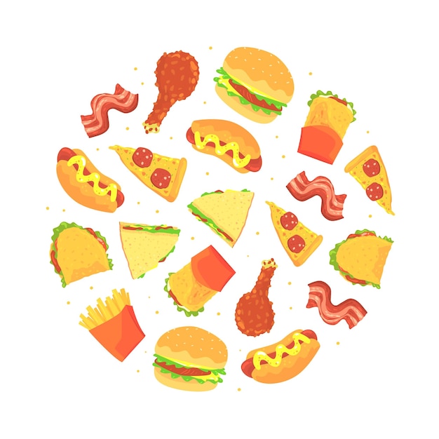 Fast Food Design with Appetizing Hamburger Sandwich and Pizza Slice Arranged in Circle Vector Template