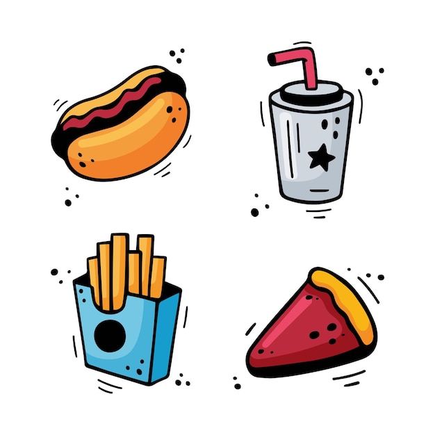 Fast food set Hot Dog French fries drink donut Fast food combo drawn with felt tip pen