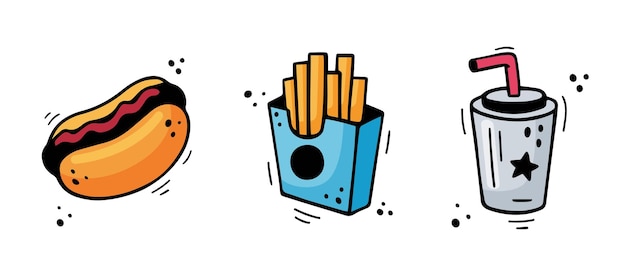 Fast food set Hot Dog French fries drink Hand drawn fast food combo meal Comic doodle sketch style