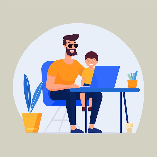 father holding kid and working