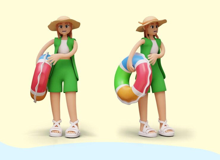 Vector female character is holding inflatable circle tourist girl on beach