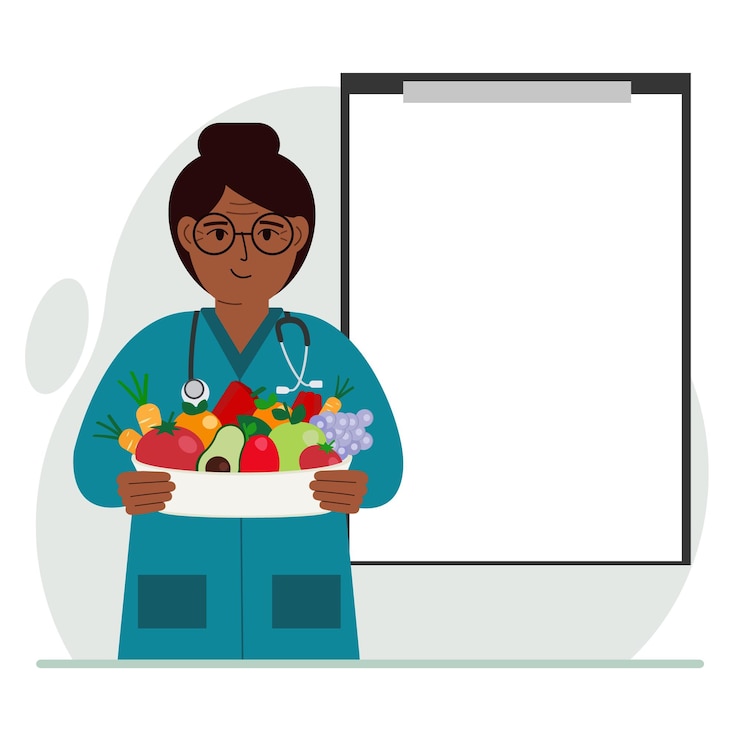 Vector female doctor with a plate of vegetables and fruits clipboard blank for your text the concept of diet proper nutrition health