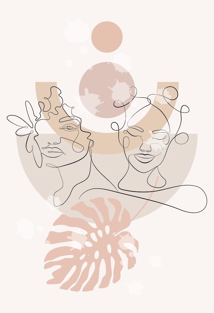 Vector female faces of the same line abstract geometric shapes