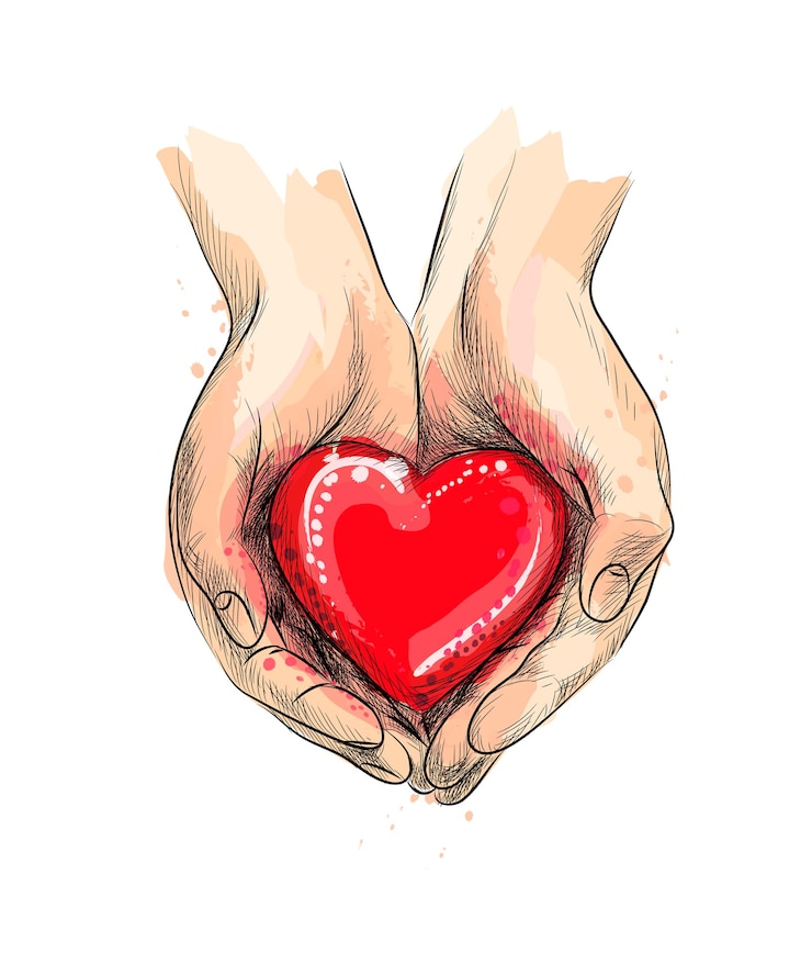 Vector female hands giving red heart from a splash of watercolor, hand drawn sketch.  illustration of paints