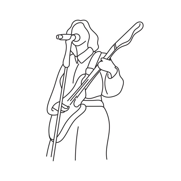 female musician playing electric guitar and singing illustration vector hand drawn