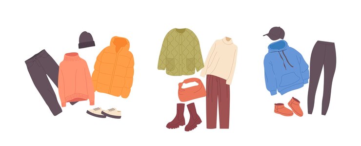 Vector female warm cozy fashion outfit with different accessories set isolated on white background