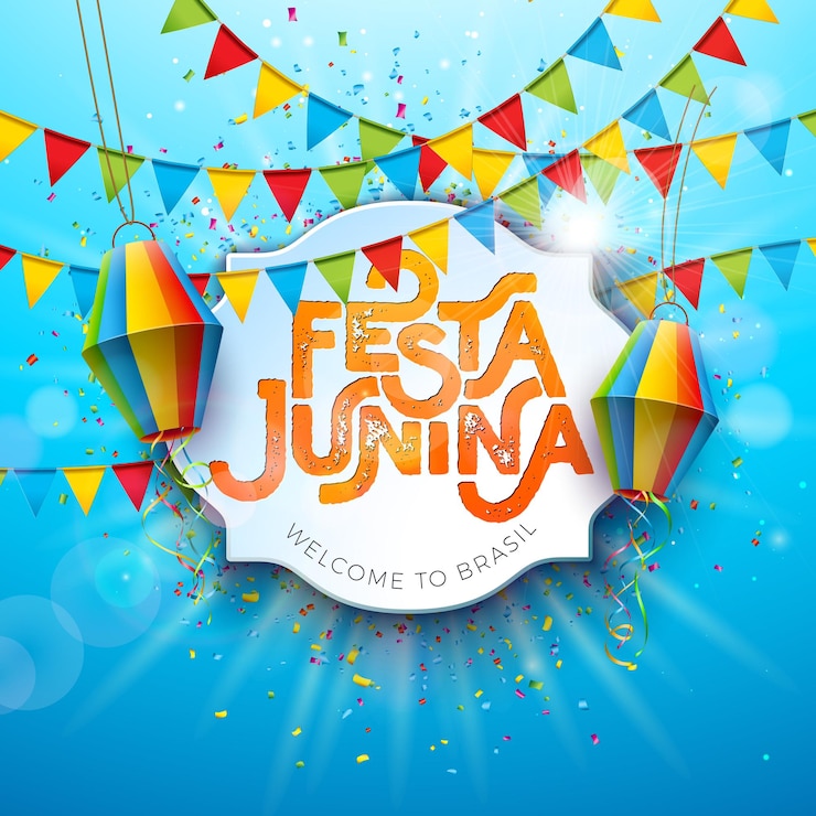 Vector festa junina design with party flags paper lantern and typography letter on sky blue background