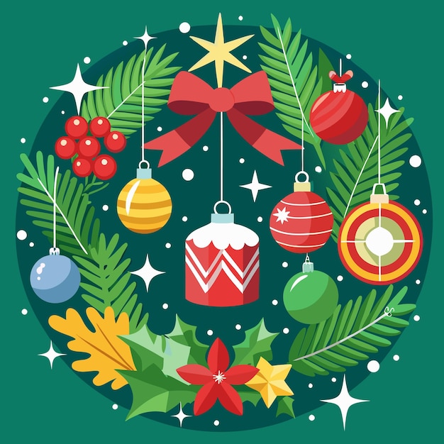 Festive Christmas wreath with ornaments a bow and a star on top surrounded by green leaves and white stars
