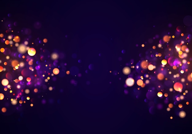 Festive purple and golden luminous background with golden colorful lights bokeh.