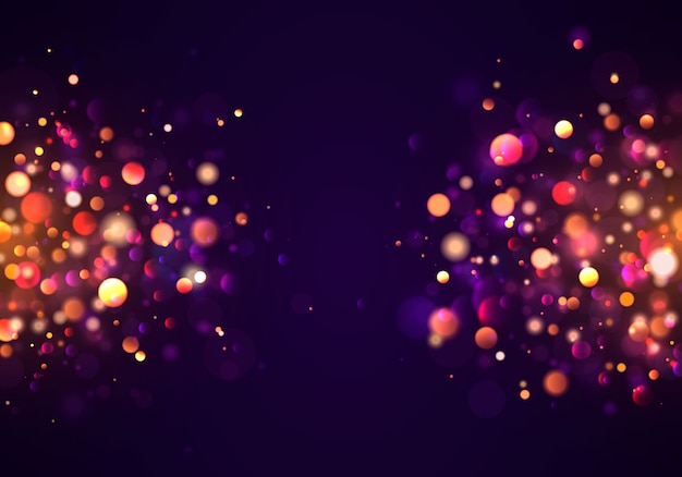 Festive purple and golden luminous background with golden colorful lights bokeh.