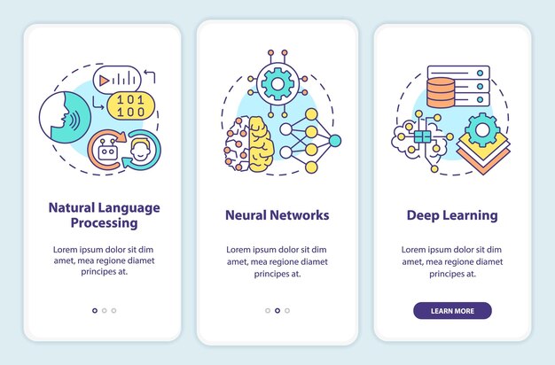 Fields of machine learning onboarding mobile app screen