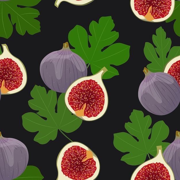 Figs with green leaves on a black background Seamless vector pattern