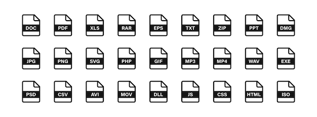 File icon Format of documents on the computer symbol jpg pdf doc rar eps txt zip ppt signs Video files symbols Presentation audio design icons Black color Vector isolated sign