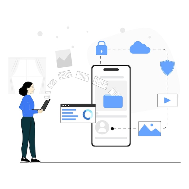 File Transfer in cloud and data protection illustration concept